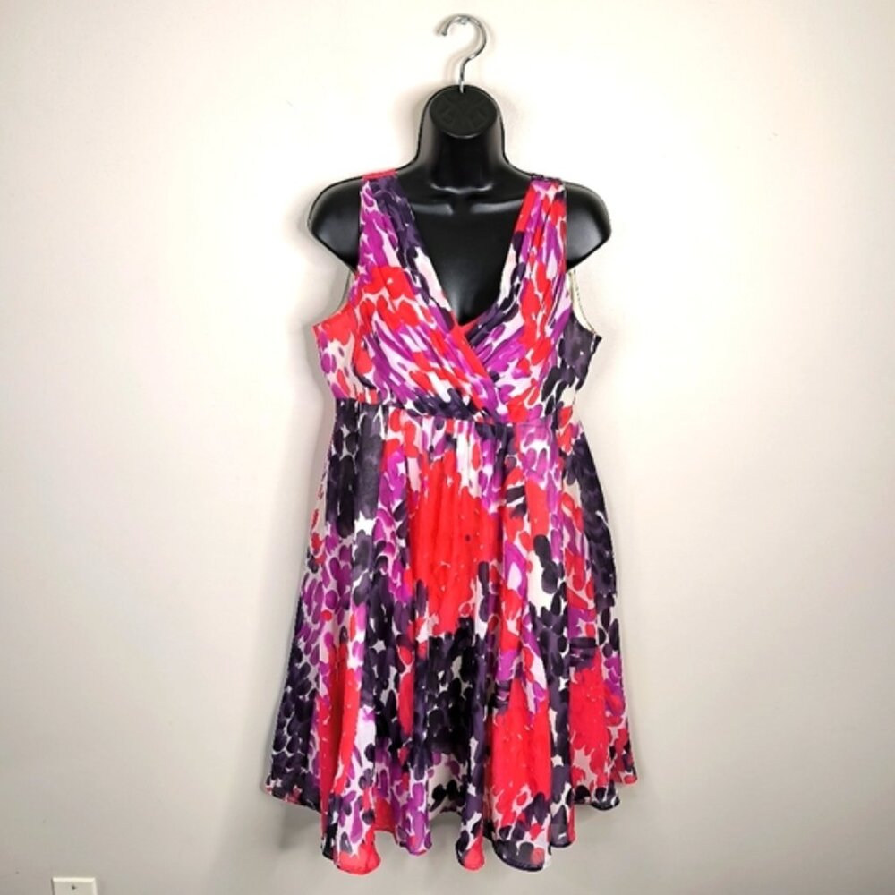 Vila Abstract Floral Garden Barbie Empire Waist Chiffon Chic Glam Summer Dress L